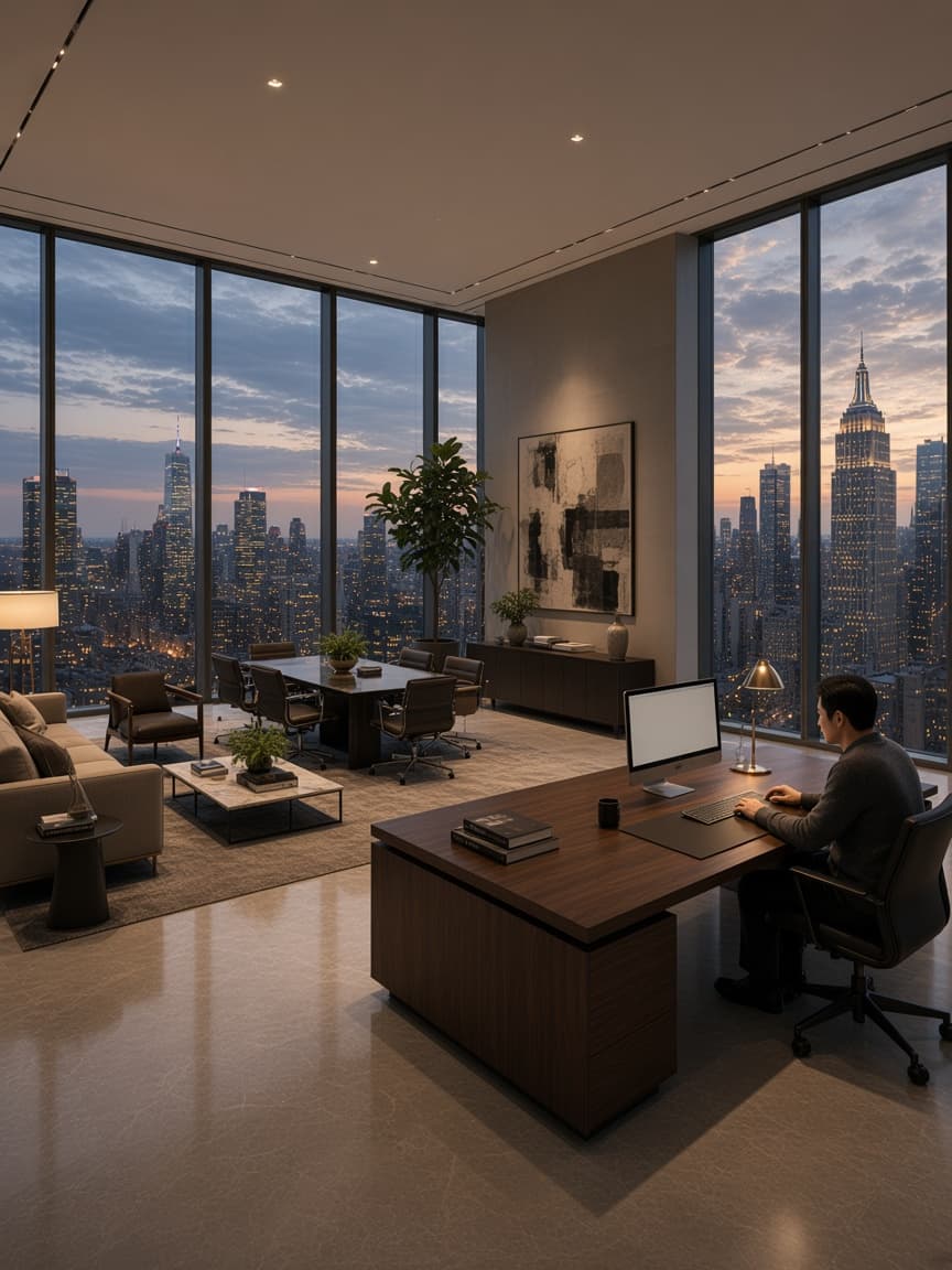 Trader at a high-rise desk